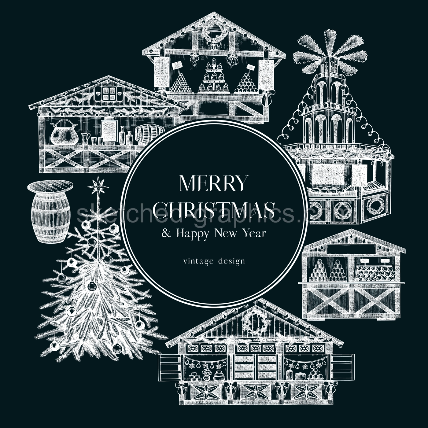 Vintage Christmas card or invitation template. European architecture on chalkboard. Christmas market with souvenir stalls, Christmas tree, fast food, candy shops sketches. Winter holidays background.  Illustration